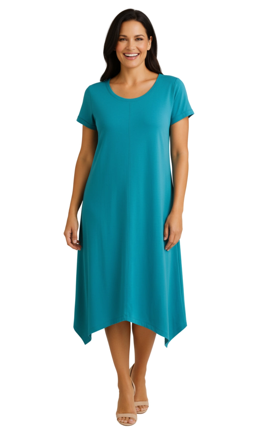 Women's Short Sleeve A-Line Knit Dress — Scoop Neck Asymmetrical Hem