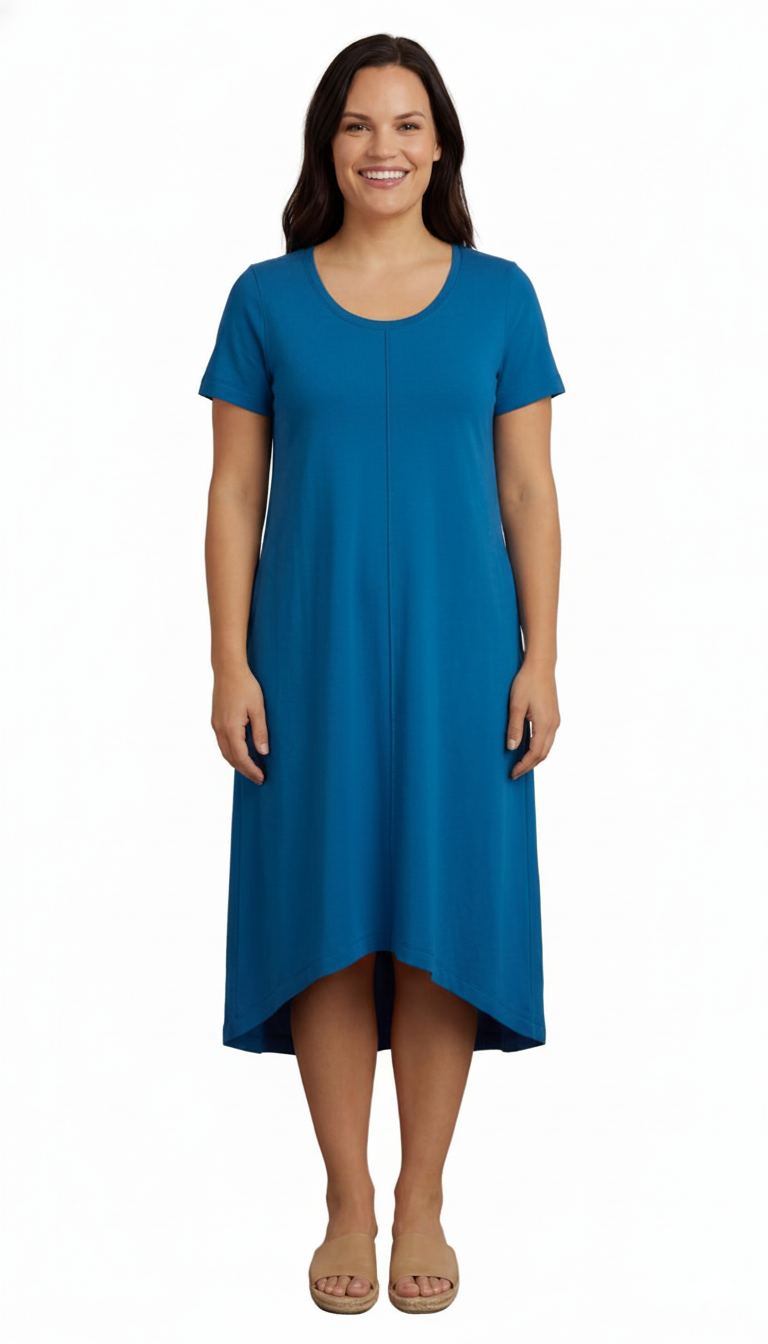 Women's Short Sleeve A-Line Knit Dress — Scoop Neck Asymmetrical Hem