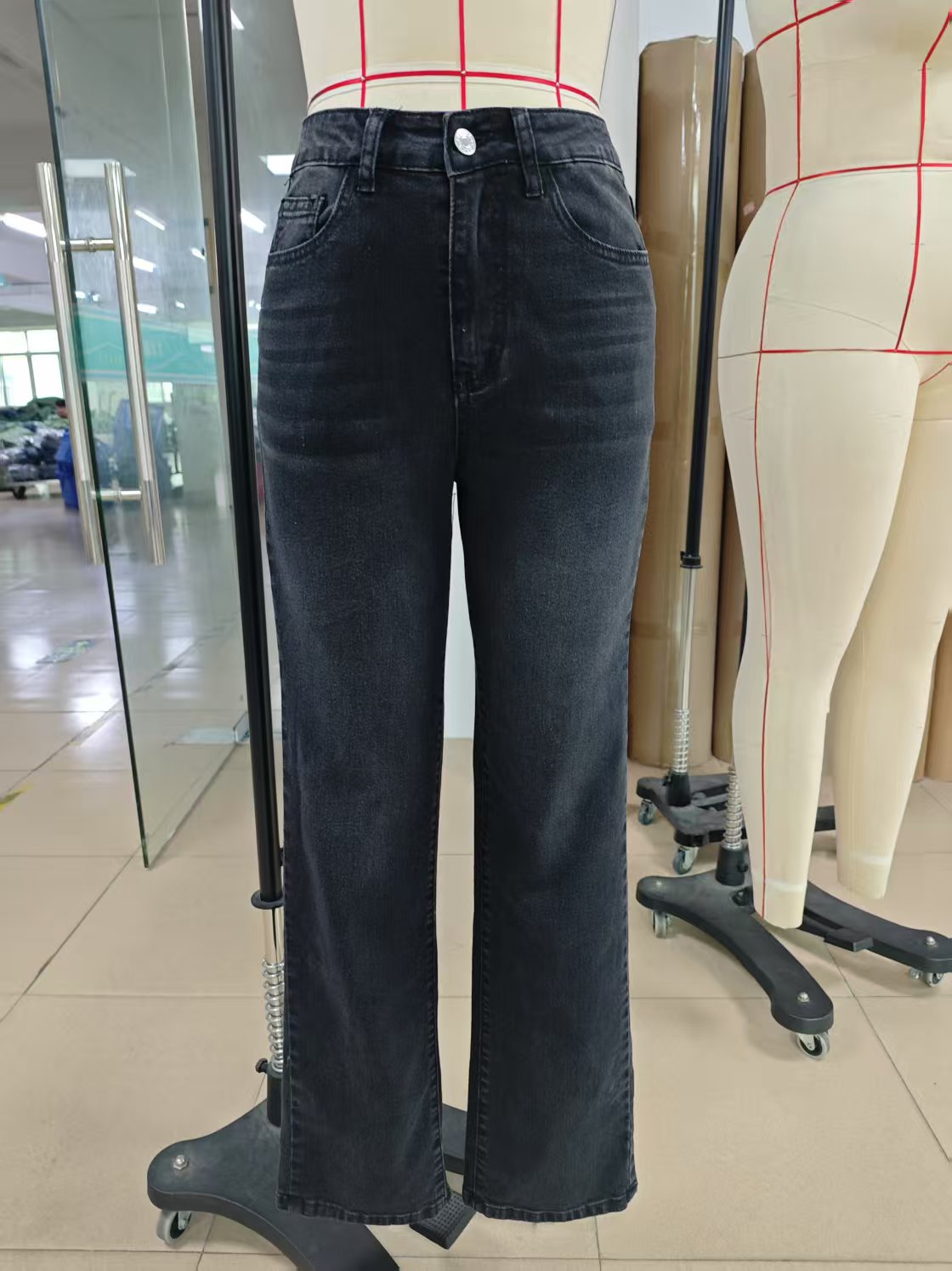 Women Micro Elastic Black Straight Denim Trousers