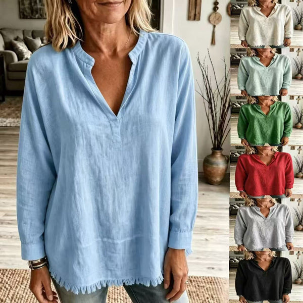 Women Solid Shirt Notch Collar V Neck Long Sleeve Tassel Fringe Hem Loose Casual Blouse Tops Spring Summer