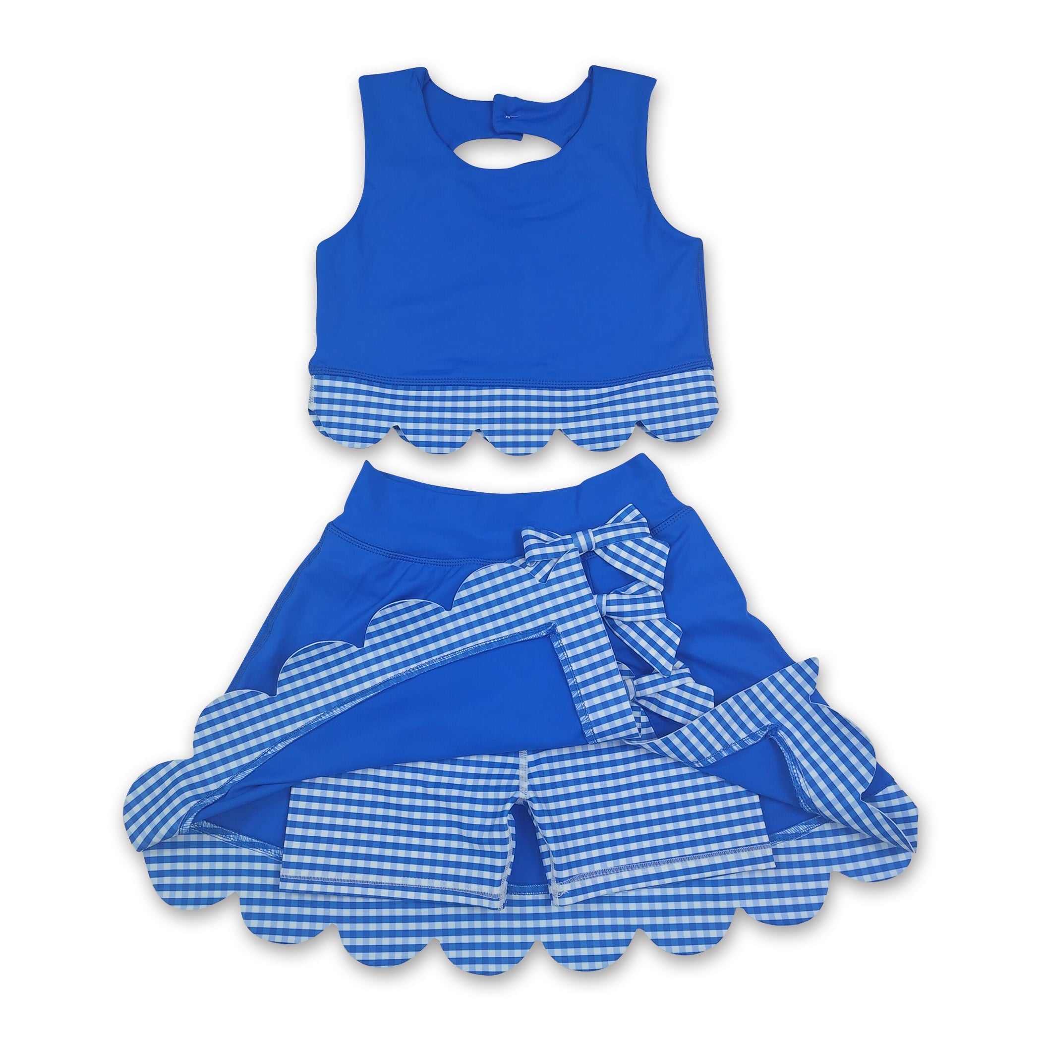 Sleeveless blue top plaid scallop skirt girls active wear set