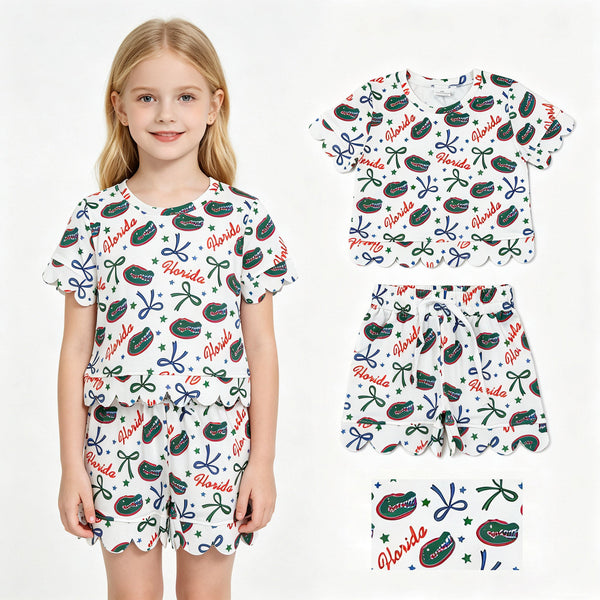 Short sleeves crocodile bow scallop girls team outfits