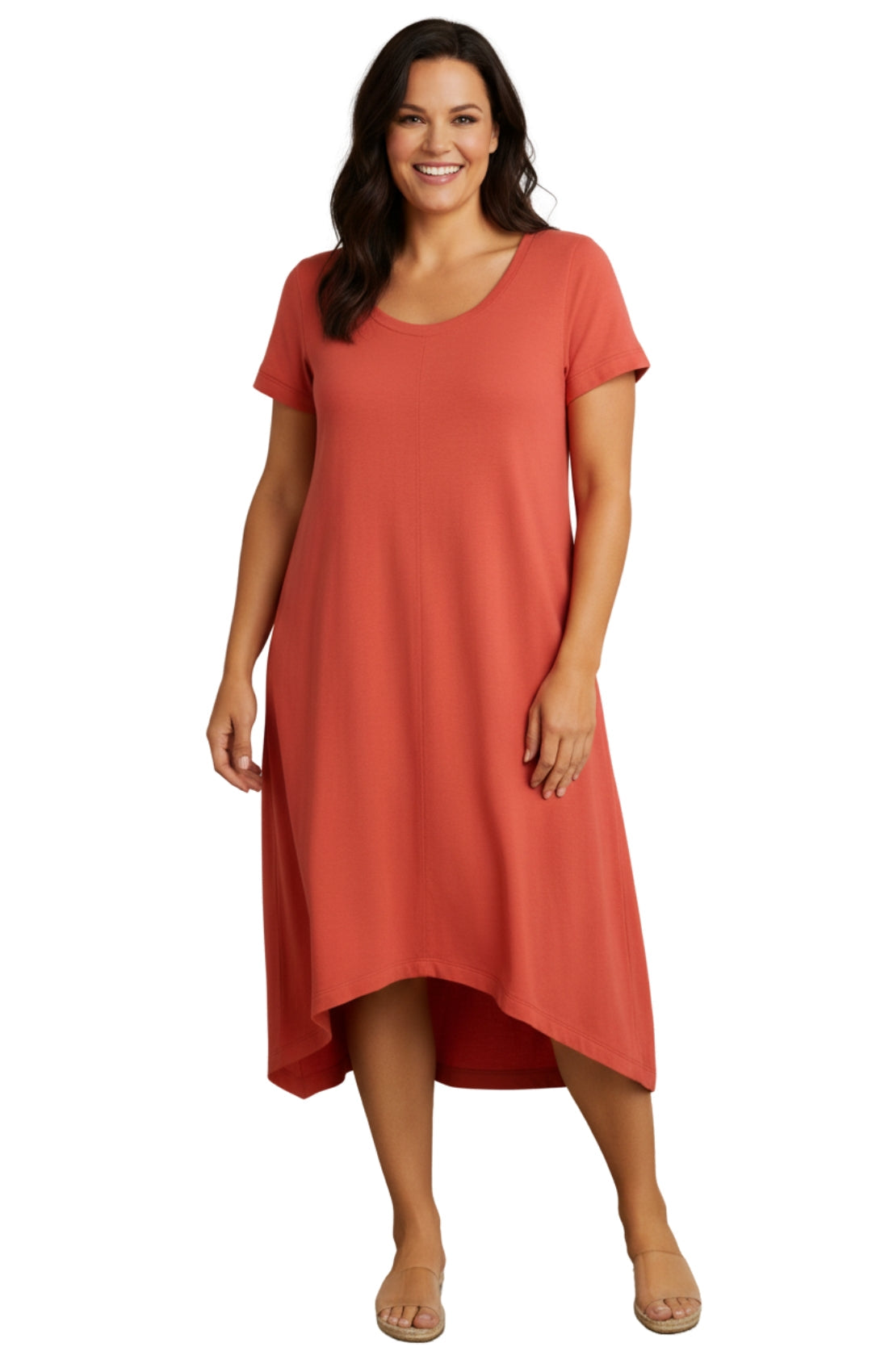 Women's Short Sleeve A-Line Knit Dress — Scoop Neck Asymmetrical Hem