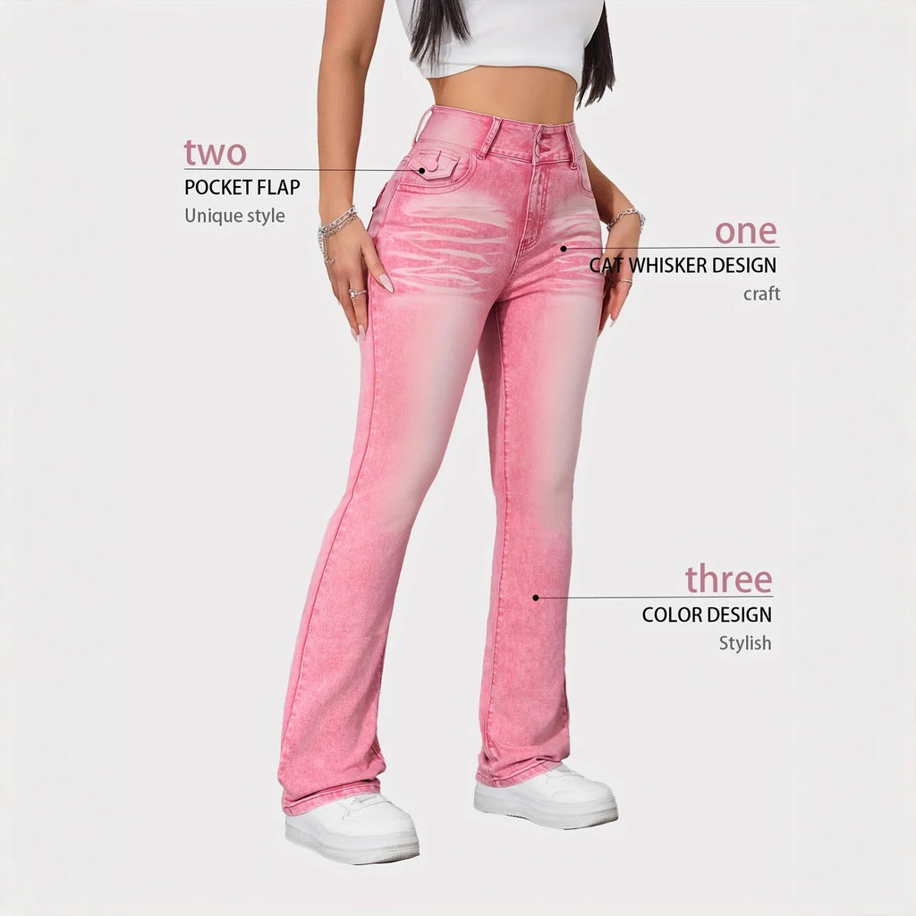 Slim Fit High Elasticity Colorful Candy Straight Leg Jeans Women's Pink Denim Pants Purple Pattern Long High Waist Jeans