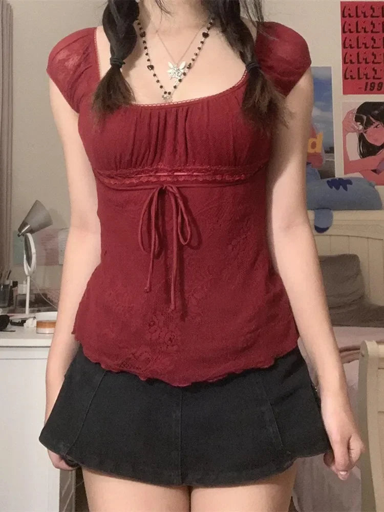 Women Summer Y2K Aesthetic Tops Lace Trim Cap Sleeve Low Cut Shirts Vintage Casual Sexy Tops and Blouses Female