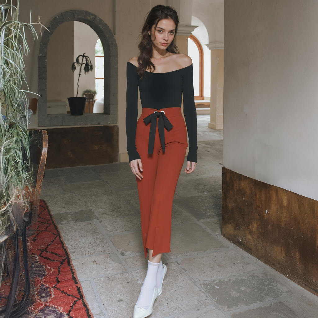 Women's High-Waist Front-Slit Trousers in Ruby - Nurode