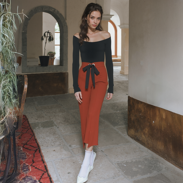 Women's High-Waist Front-Slit Trousers in Ruby - Nurode