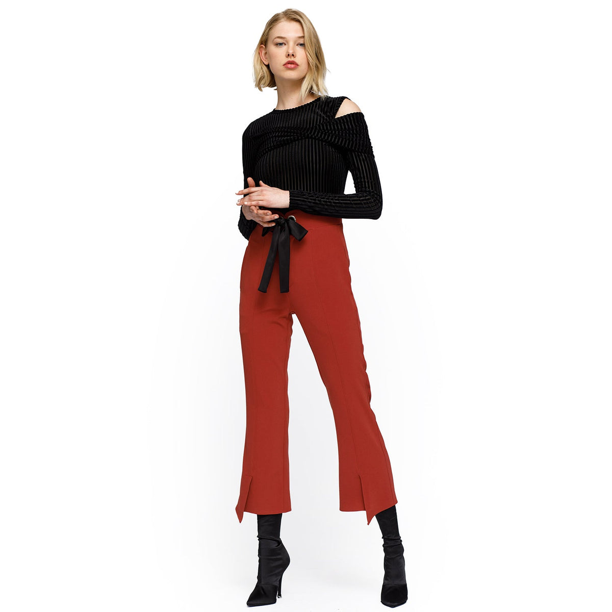 Women's High-Waist Front-Slit Trousers in Ruby - Nurode