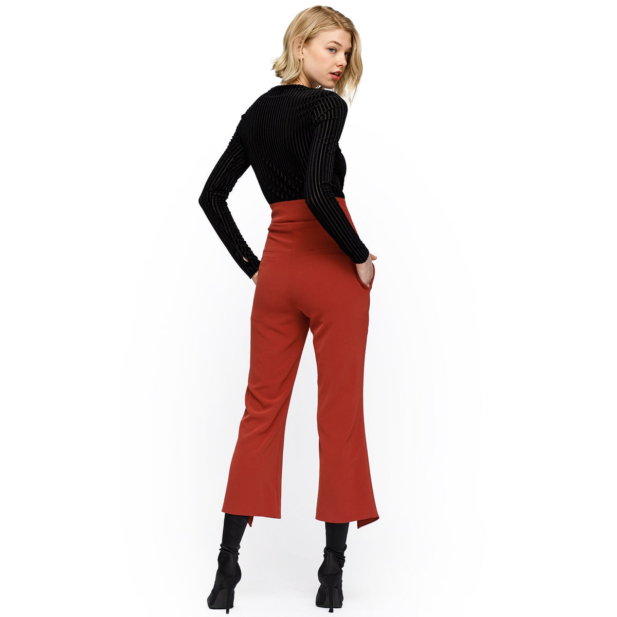 Women's High-Waist Front-Slit Trousers in Ruby - Nurode