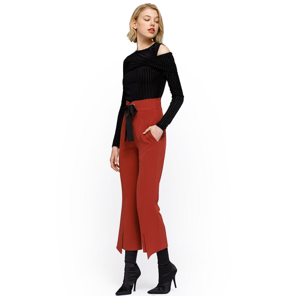Women's High-Waist Front-Slit Trousers in Ruby - Nurode
