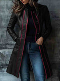 Retro Black Color-block Collar Leather Jacket Trench Coat