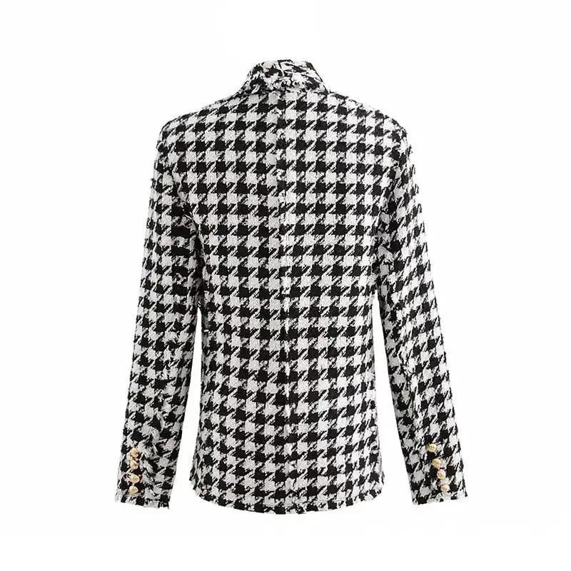 Elegance Women Tweed Jackets Fashionable Office Ladies Black Tassel Houndstooth Coats Female Autumn Vintage Thick Plaid Coat Girls Chic