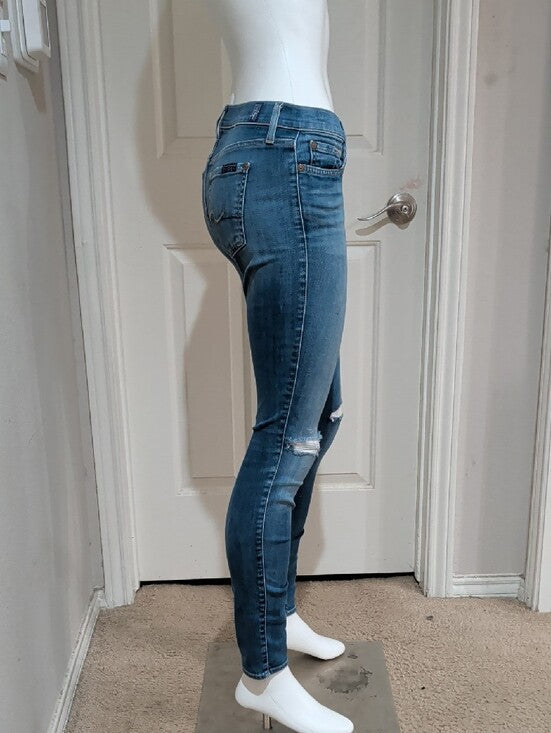 Retro 7 For All Mankind Genevieve Medium Blue Distressed Skinny Jeans 26 Y2k