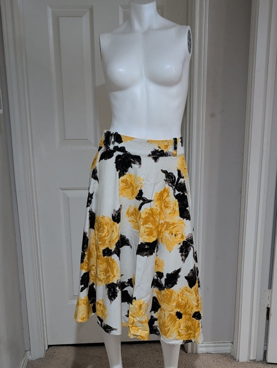 Vintage Pinup Couture Floral A-Line Midi Skirt in Yellow & Black Women's L Retro