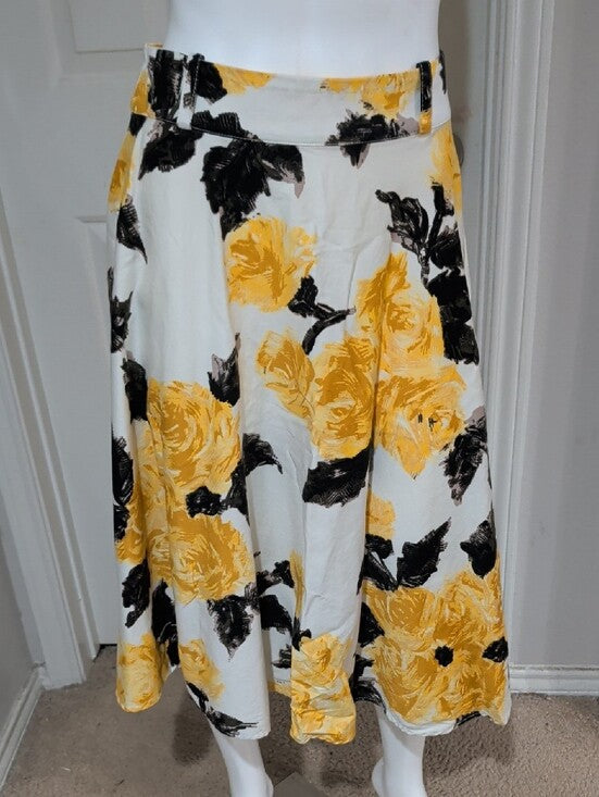 Vintage Pinup Couture Floral A-Line Midi Skirt in Yellow & Black Women's L Retro
