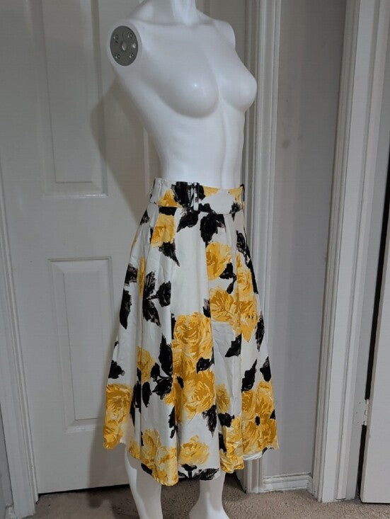 Vintage Pinup Couture Floral A-Line Midi Skirt in Yellow & Black Women's L Retro