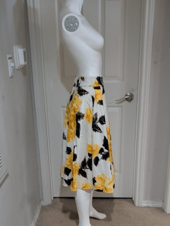 Vintage Pinup Couture Floral A-Line Midi Skirt in Yellow & Black Women's L Retro