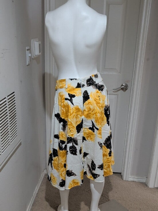 Vintage Pinup Couture Floral A-Line Midi Skirt in Yellow & Black Women's L Retro