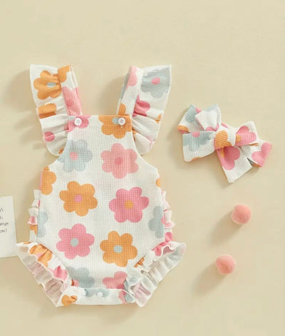 Multicolored Flower Romper with Matching Bow