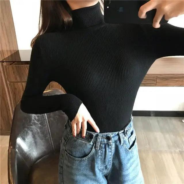 Vintage Style Autumn Winter Thick Sweater For Women Knitted Ribbed Pullover Sweater Long Sleeve Turtleneck Slim Jumper Soft Warm Pullover
